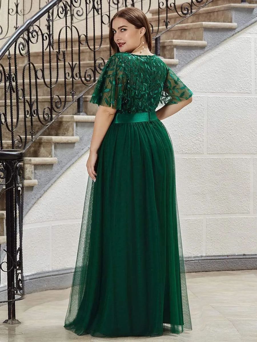 Custom Size Women's A-Line Sequin Leaf Maxi Prom Dress with Sleeves