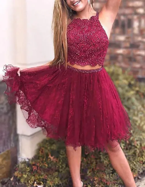 Cute Red A-line Halter Two Piece Lace Short Prom Dress Homecoming Dresses, SH418