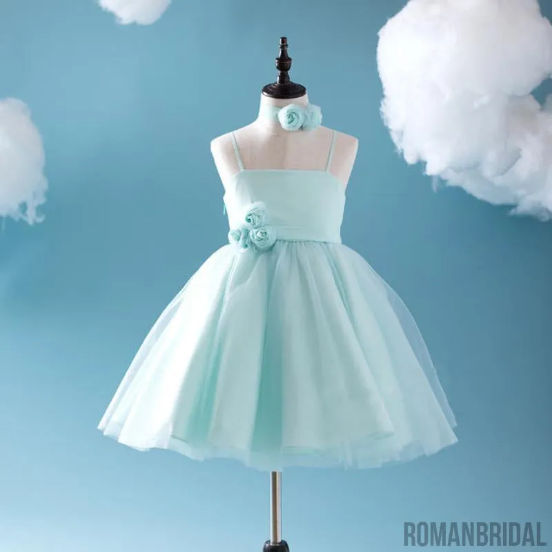 Cute Tiffany Blue Spaghetti Tulle Satin Flower Girl Dresses, Cheap Popular Little Girl Dresses, FG050