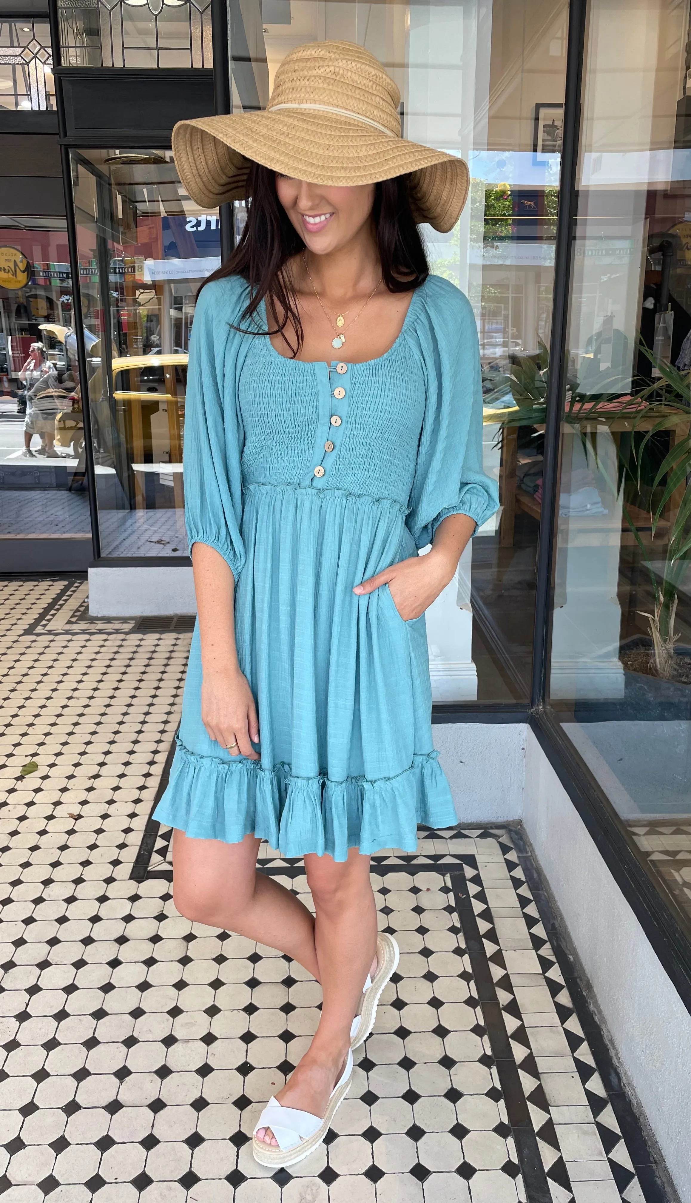 Danny Button Front Mini Dress Aqua