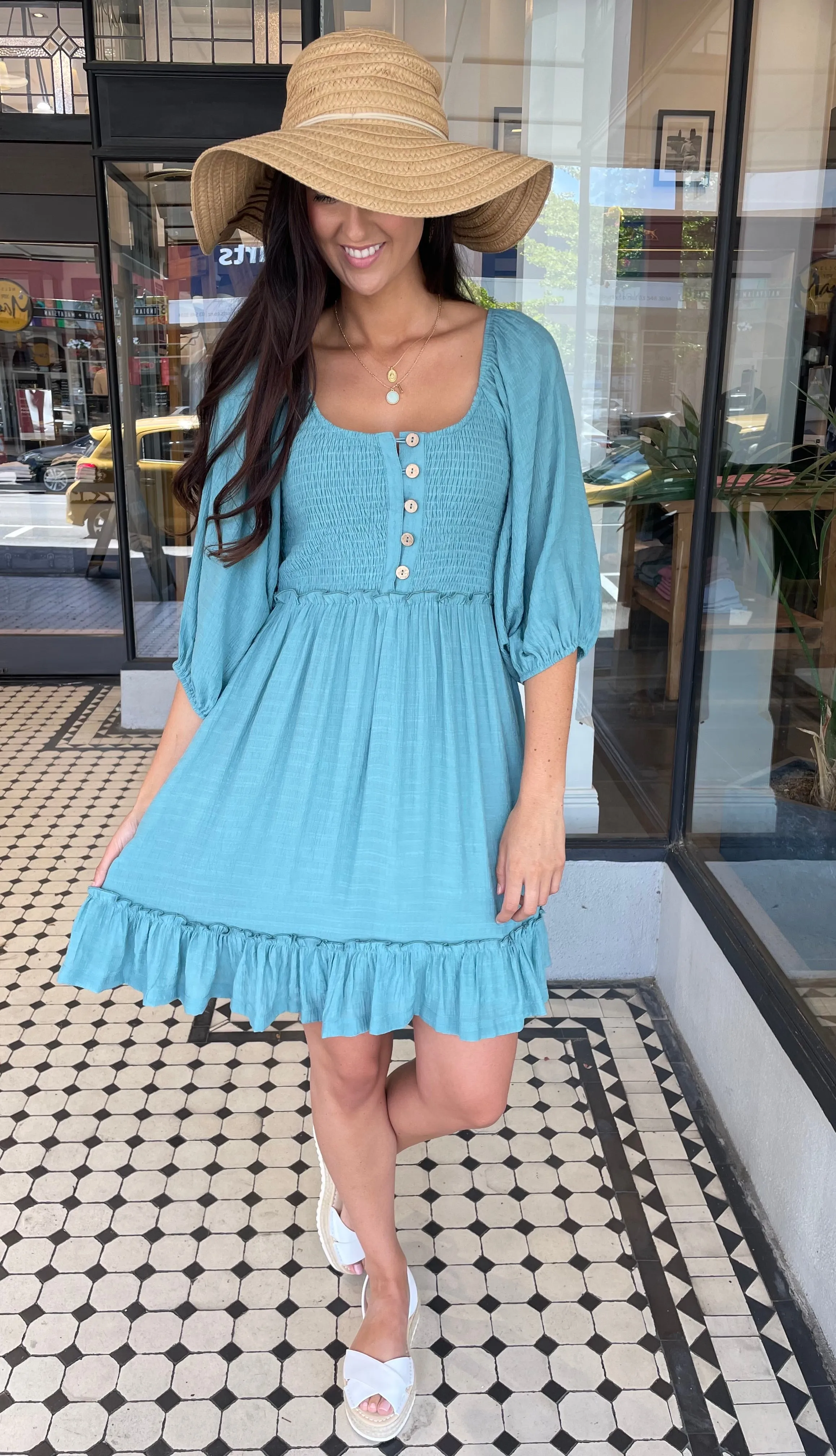 Danny Button Front Mini Dress Aqua