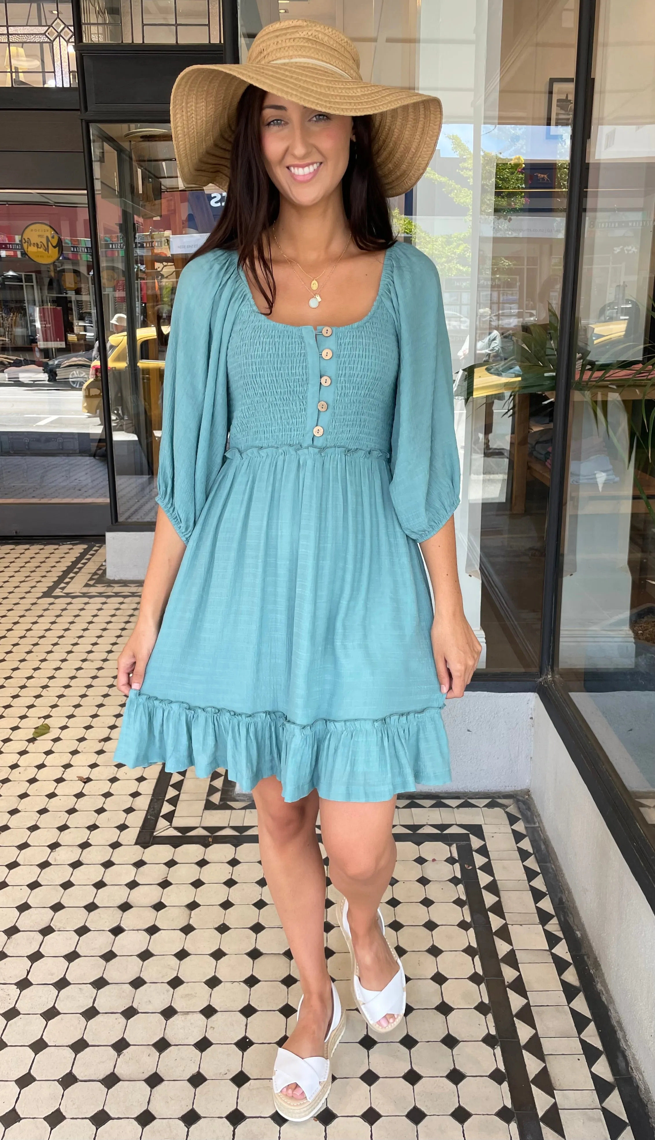 Danny Button Front Mini Dress Aqua