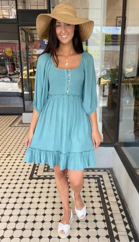 Danny Button Front Mini Dress Aqua