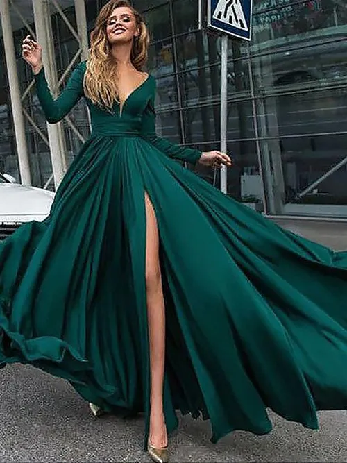 Dark Green A-Line V-Neck Long Sleeves Sweep Train Long Prom Dress, M250