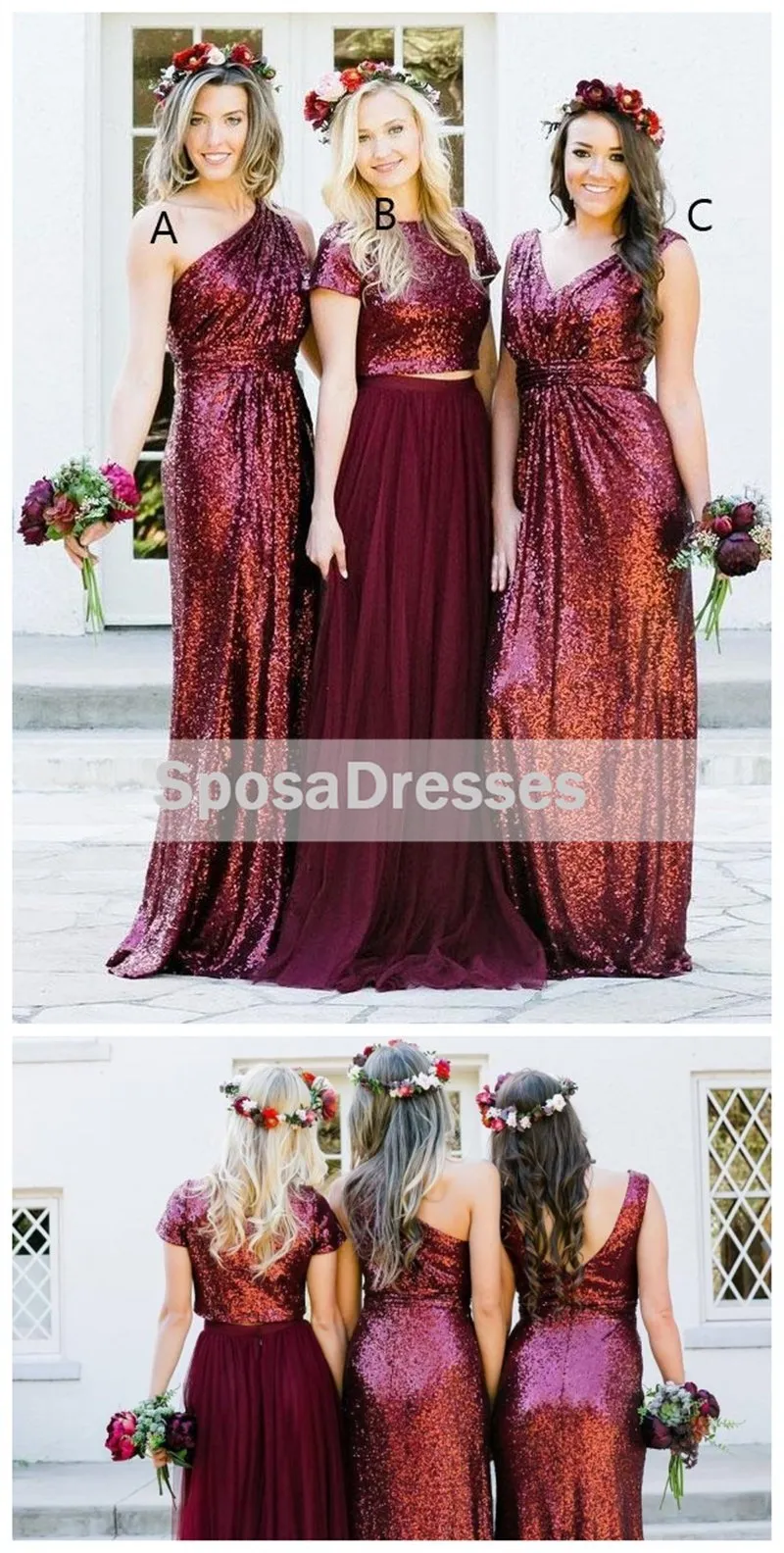 Dark Red Sequin Mismatched Custom Long Bridesmaid Dresses, WGY0250