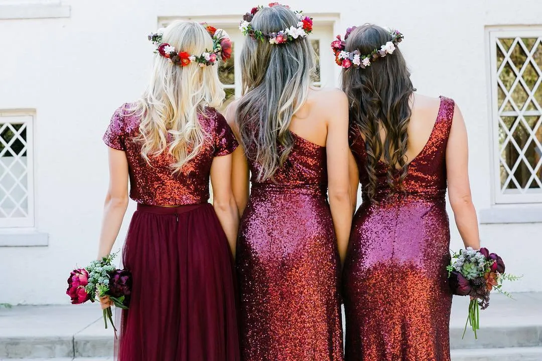 Dark Red Sequin Mismatched Custom Long Bridesmaid Dresses, WGY0250