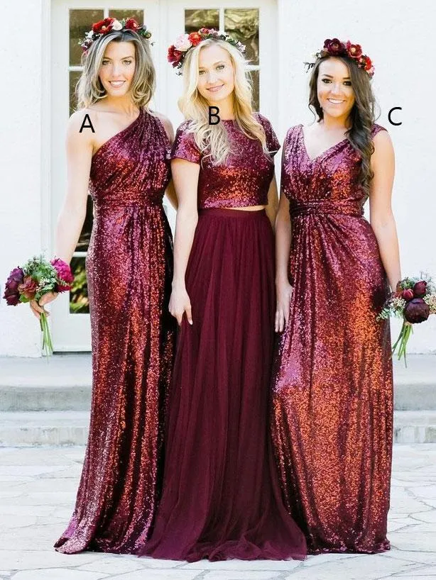 Dark Red Sequin Mismatched Custom Long Bridesmaid Dresses, WGY0250