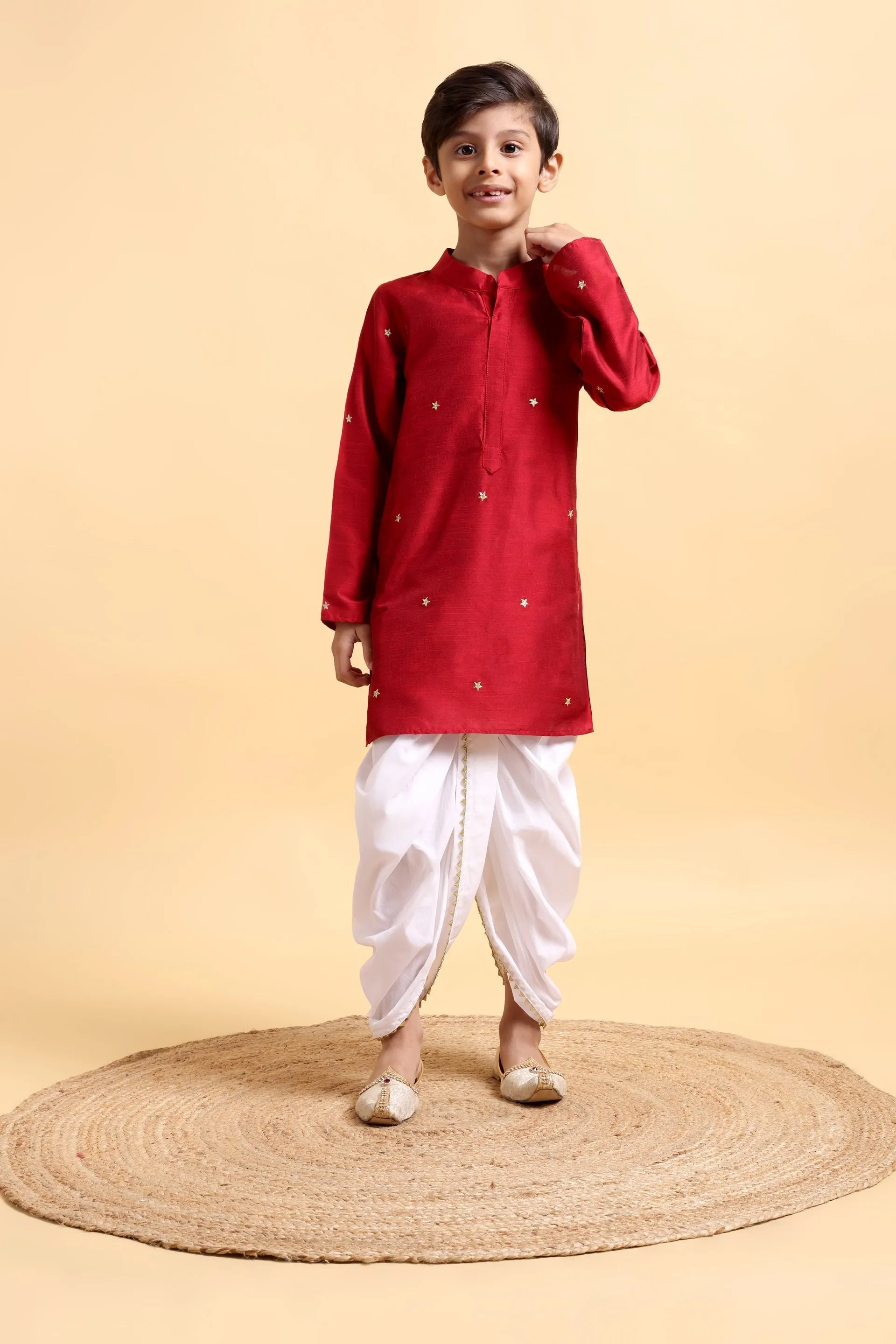 Deep Red Embriodery Cotton Silk Kurta with Dhoti Set