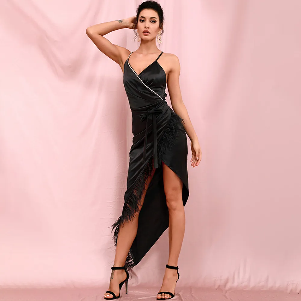 Deep V-Neck Feather Cross Split Maxi Dress