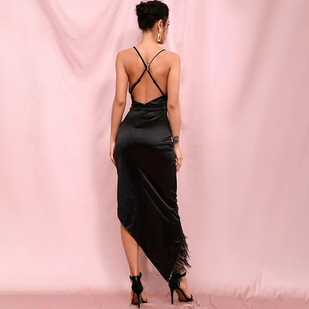 Deep V-Neck Feather Cross Split Maxi Dress