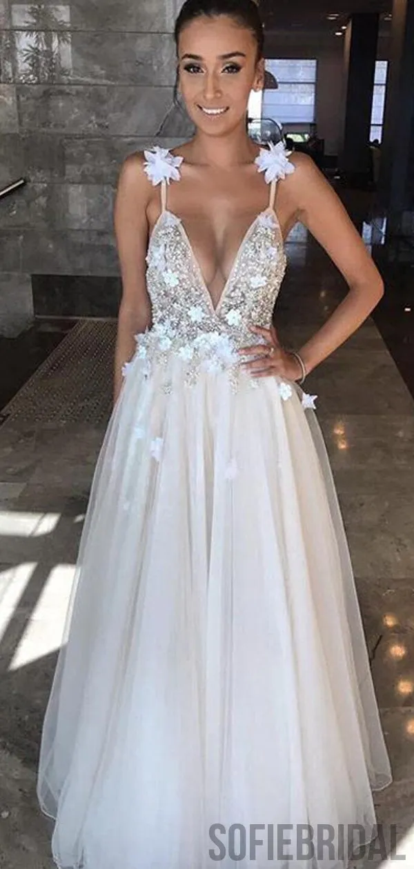 Deep V-neck Floral Beaded Long A-line Prom Dresses, PD0813