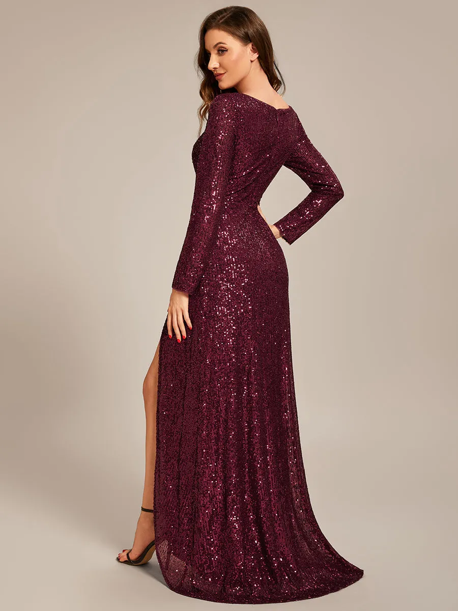 Deep V Neck Long Sleeves Split Wholesale Evening Dresses Gowns