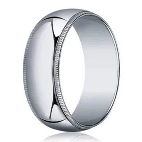 Designer 14K White Gold Men's Wedding Band, Polished Beading- 8mm