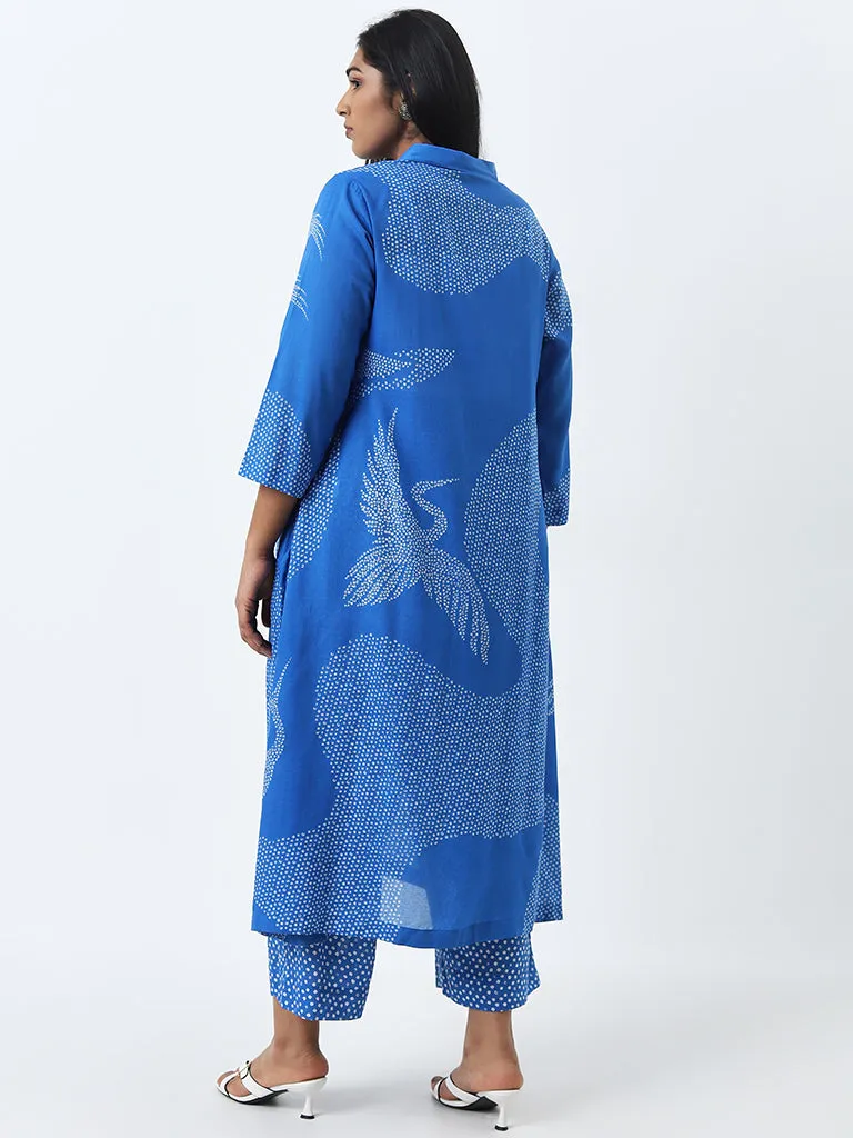 Diza Blue Bandhani Pattern A-Line Collared Cotton Kurta