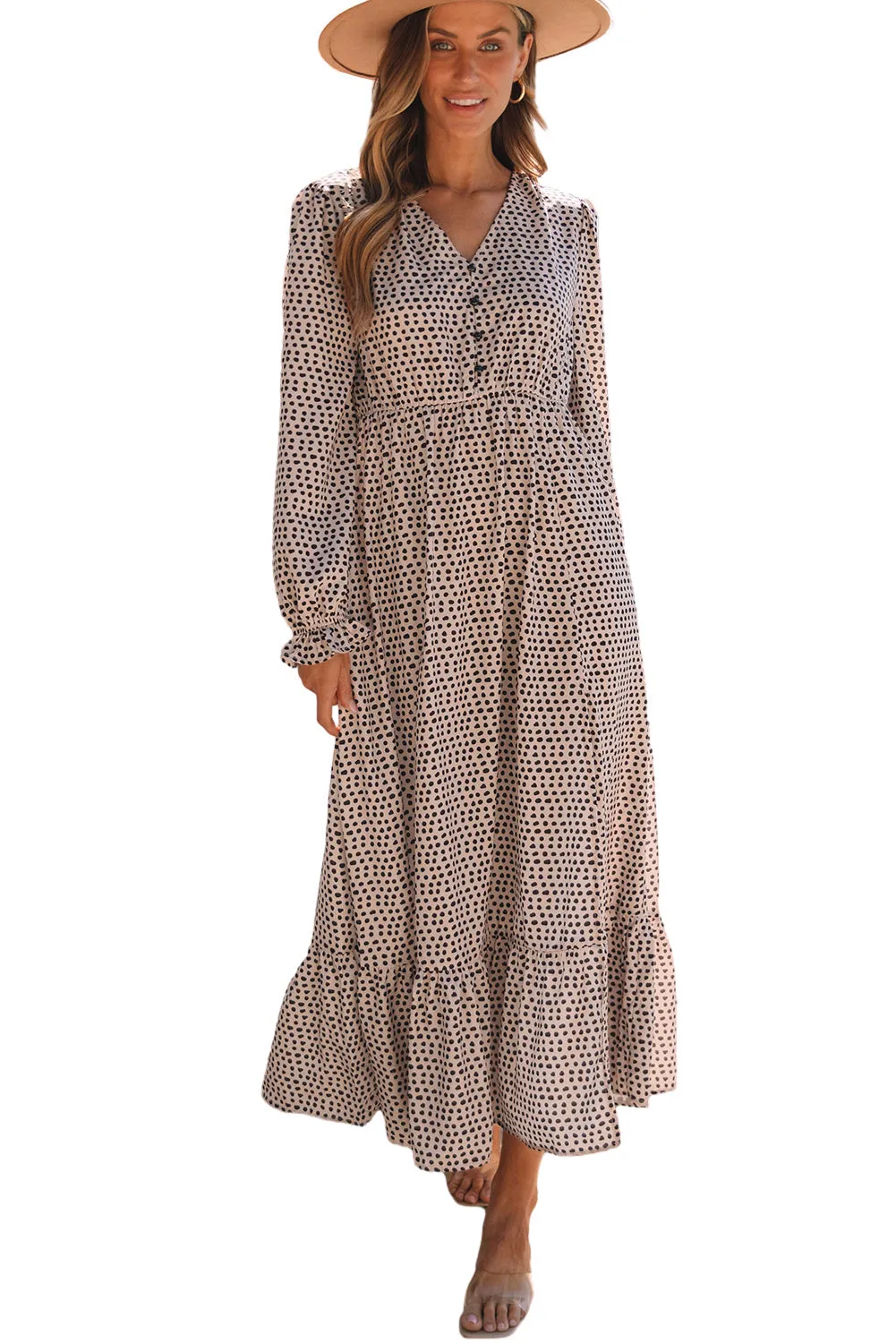 Dotty Long Sleeve Ruffled Dress