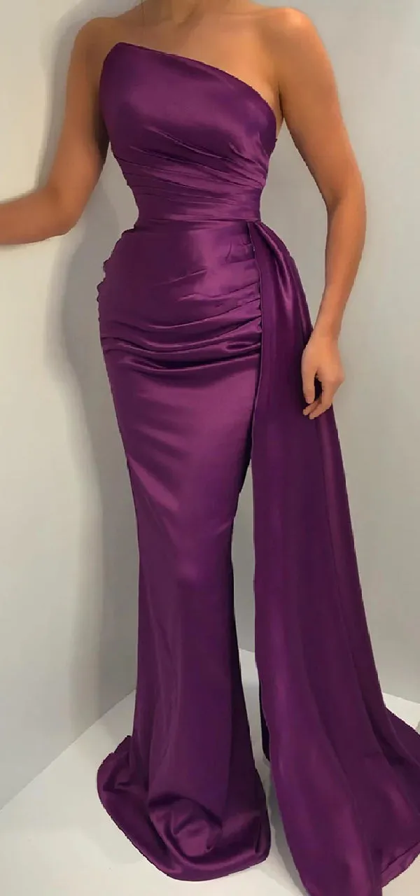 Elegant Asymmetric Mermaid Satin Long Grape Bridesmaid Dresses with Trailing, BG609