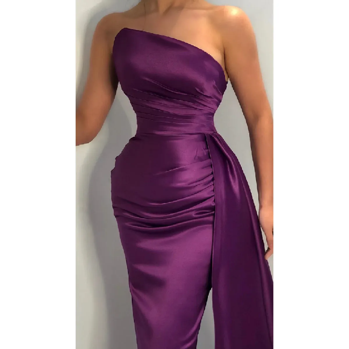 Elegant Asymmetric Mermaid Satin Long Grape Bridesmaid Dresses with Trailing, BG609