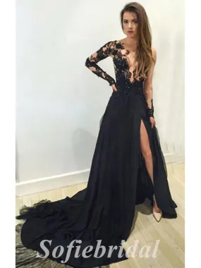 Elegant Black Lace And Tulle Long Sleeve A-Line Long Prom Dresses,SFPD0678