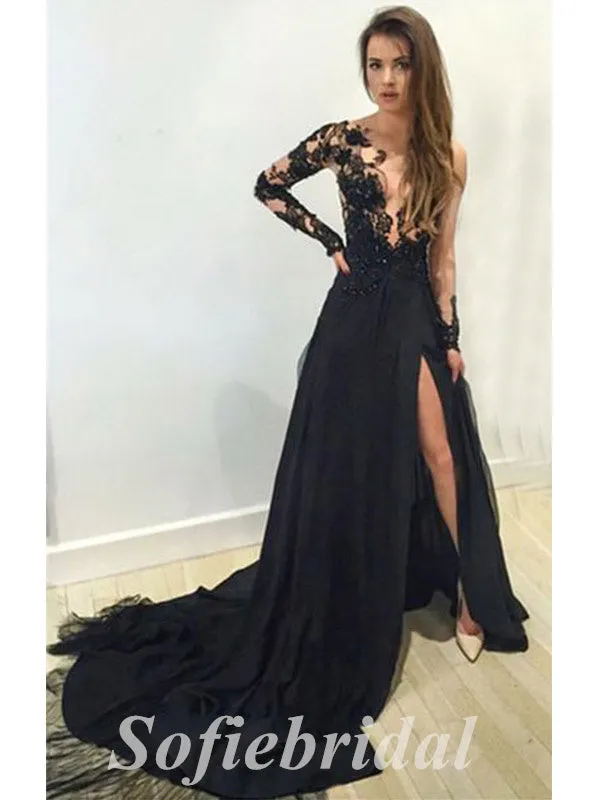 Elegant Black Lace And Tulle Long Sleeve A-Line Long Prom Dresses,SFPD0678