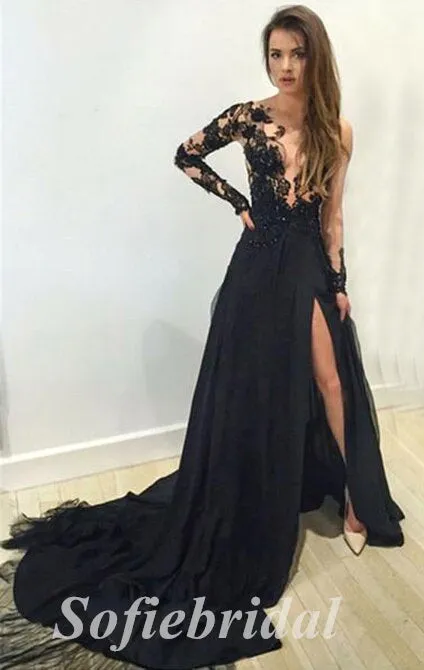 Elegant Black Lace And Tulle Long Sleeve A-Line Long Prom Dresses,SFPD0678