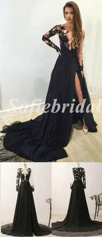 Elegant Black Lace And Tulle Long Sleeve A-Line Long Prom Dresses,SFPD0678