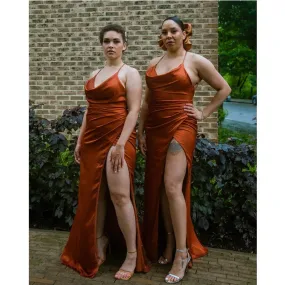 Elegant Halter V-neck Side Slit Mermaid Burnt Orange Satin Long Bridesmaid Dresses Online, BG708