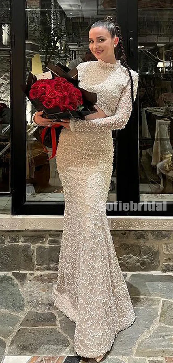 Elegant High-neck Mermaid White Long Sleeve Long Prom Dresses,SFPD0152