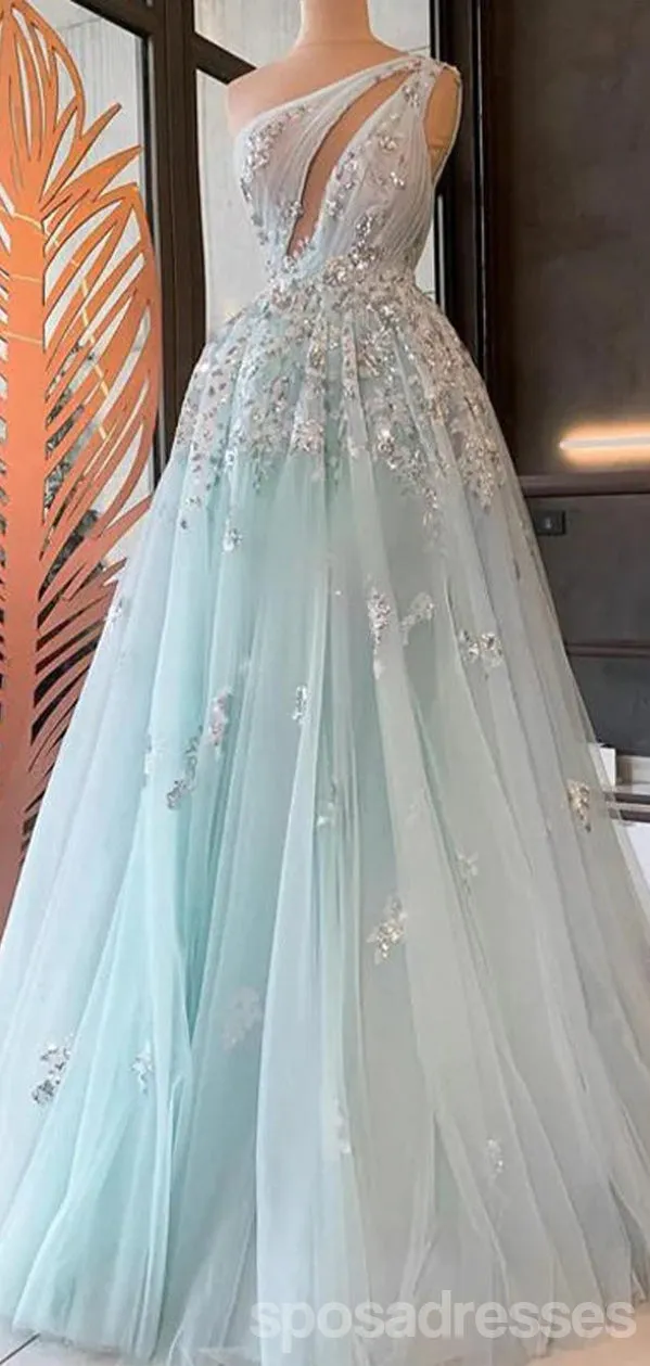 Elegant Light Blue A-line One Shoulder Maxi Long Prom Dresses,Evening Dresses,13149