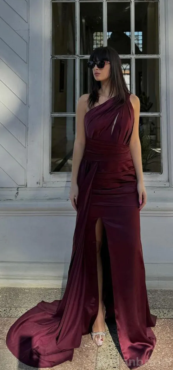 Elegant Mermaid Cabernet Side Slit One Shoulder Long Bridesmaid Dresses with Trailing, BG435