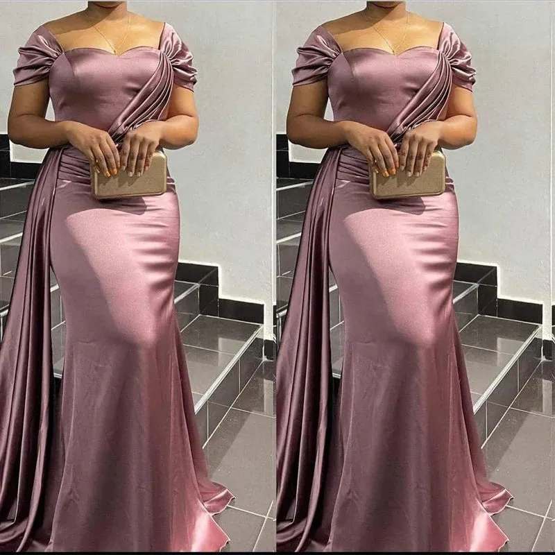 Elegant Mermaid Off Shoulder Dusty Rose Satin Long Bridesmaid Dresses with Trailing , BG668