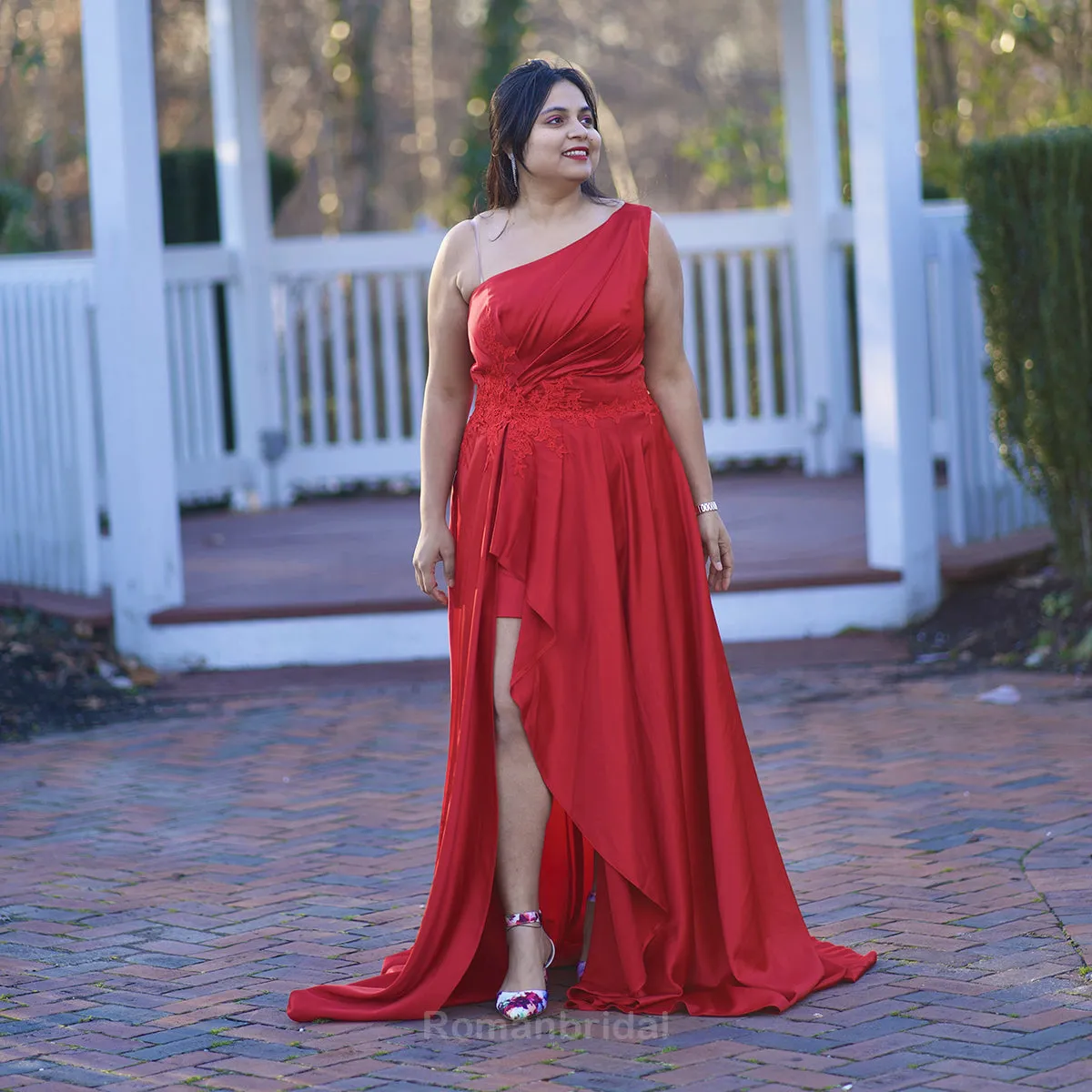 Elegant One Shoulder A-line Side Slit Red Satin Bridesmaid Dresses Online, BG486