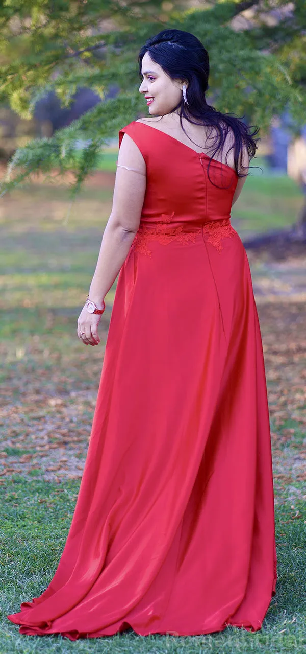 Elegant One Shoulder A-line Side Slit Red Satin Bridesmaid Dresses Online, BG486