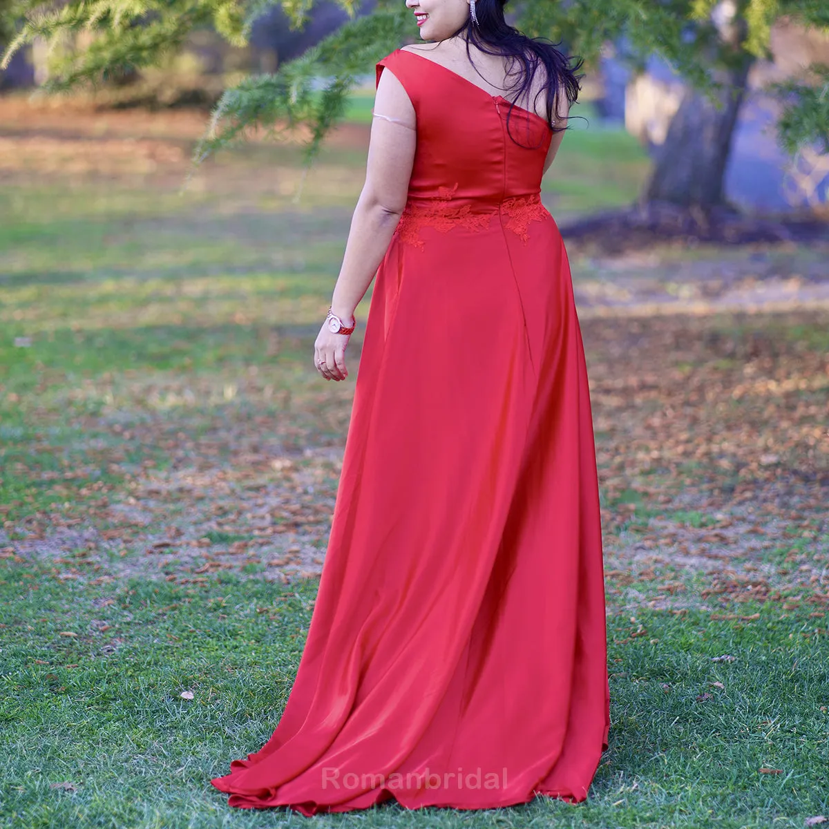 Elegant One Shoulder A-line Side Slit Red Satin Bridesmaid Dresses Online, BG486