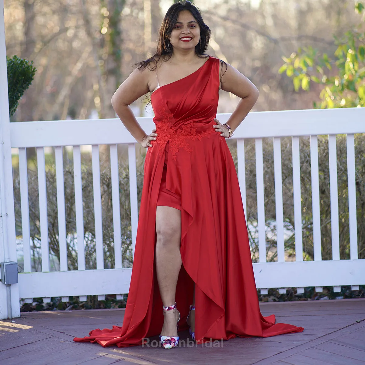 Elegant One Shoulder A-line Side Slit Red Satin Bridesmaid Dresses Online, BG486