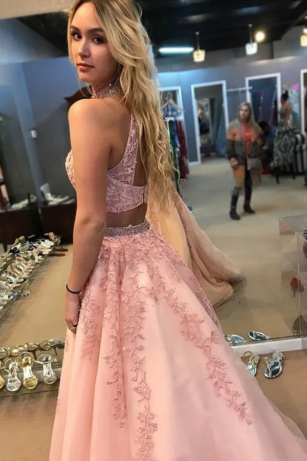 Elegant Pink Two Piece A Line Lace Halter Open Back Long Prom Dress, SP360