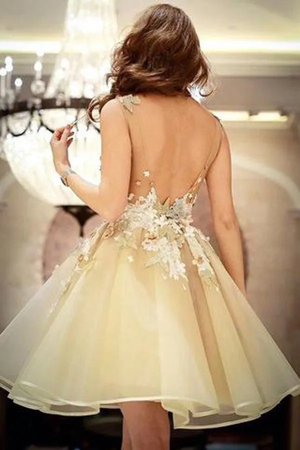 Elegant Pleats Short Prom Dress,Appliques Open Back Homecoming Dress SH123