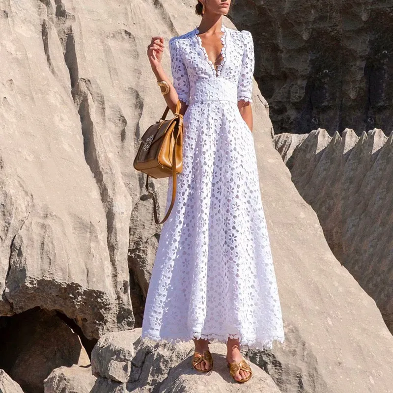 Elegant V-neck cutout crochet Midi Dress