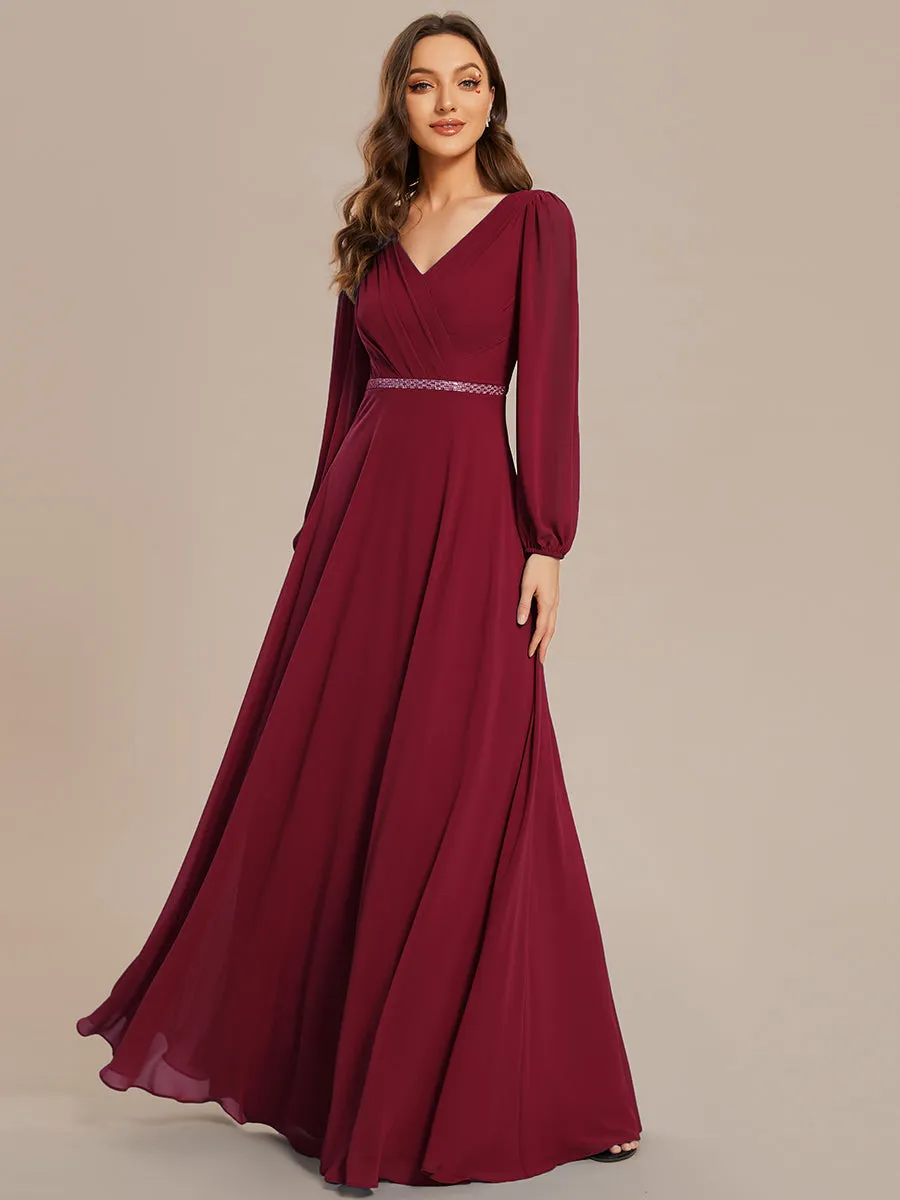 Elegant waisted chiffon V-neck long sleeve guest dress wholesale