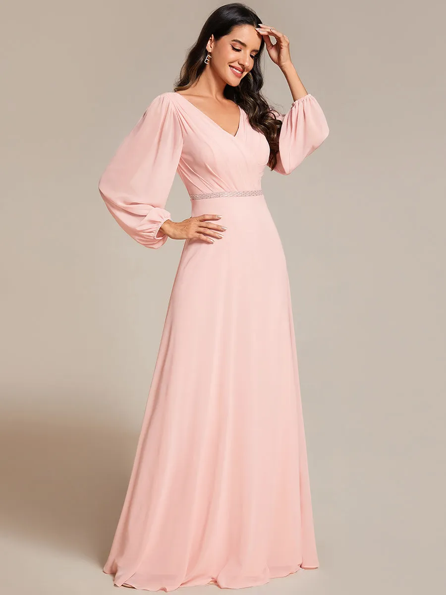 Elegant waisted chiffon V-neck long sleeve guest dress wholesale