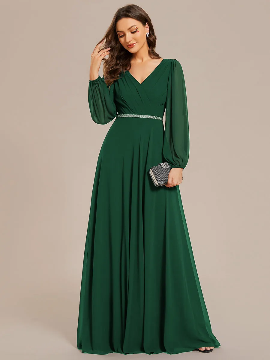 Elegant waisted chiffon V-neck long sleeve guest dress wholesale