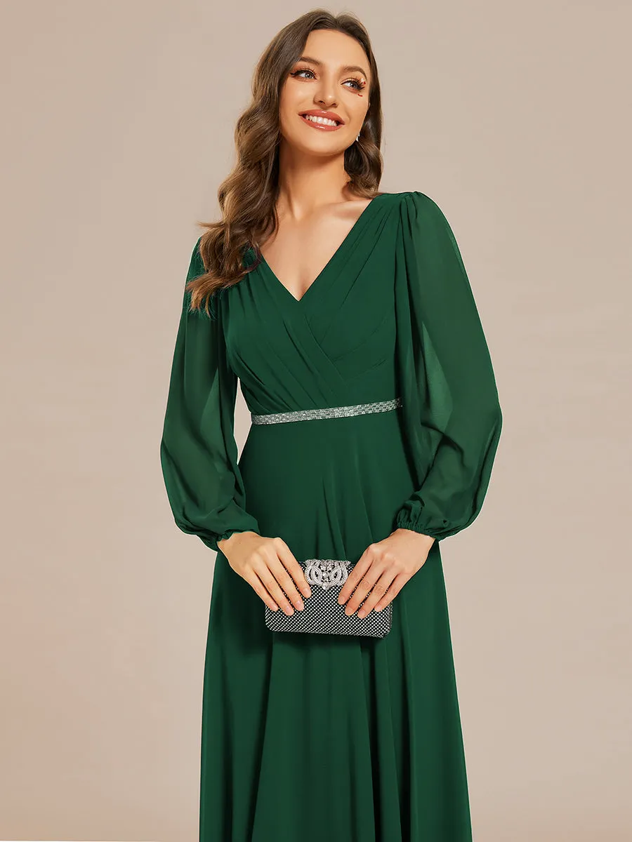 Elegant waisted chiffon V-neck long sleeve guest dress wholesale