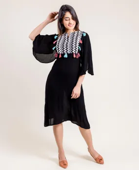 Embroidered And Tasseled Indo Western Style Rayon Gauze Black Dress