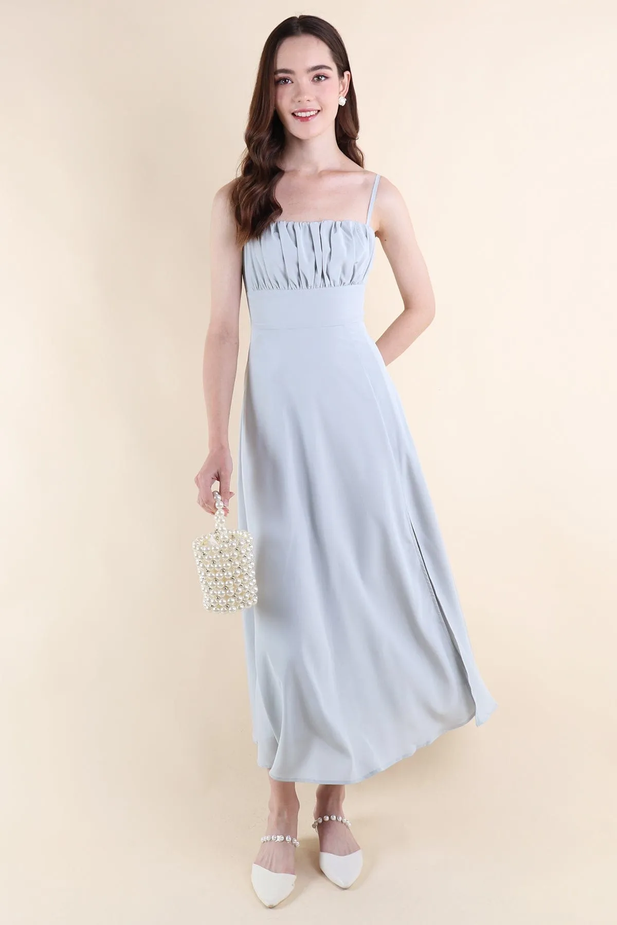 EVELIA RUCHED MAXI DRESS IN BLUE