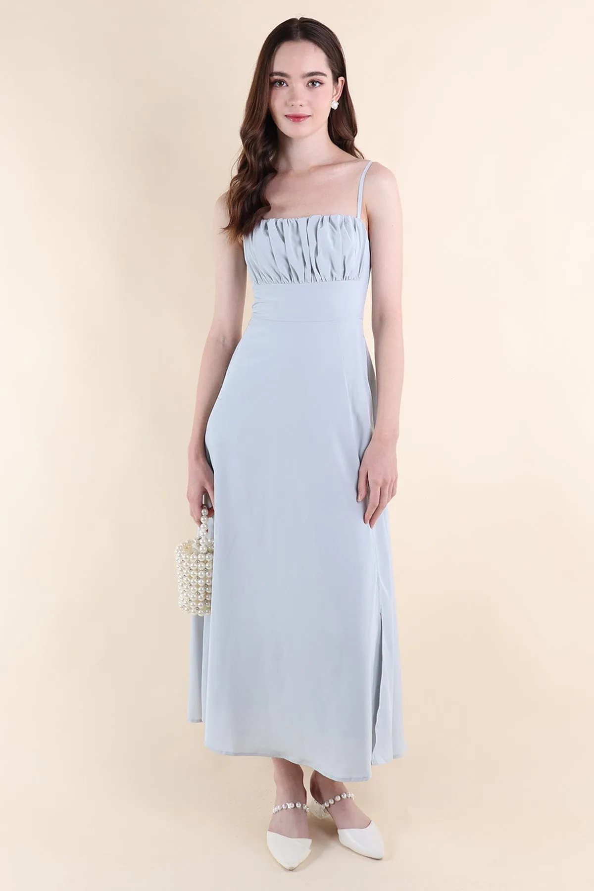 EVELIA RUCHED MAXI DRESS IN BLUE