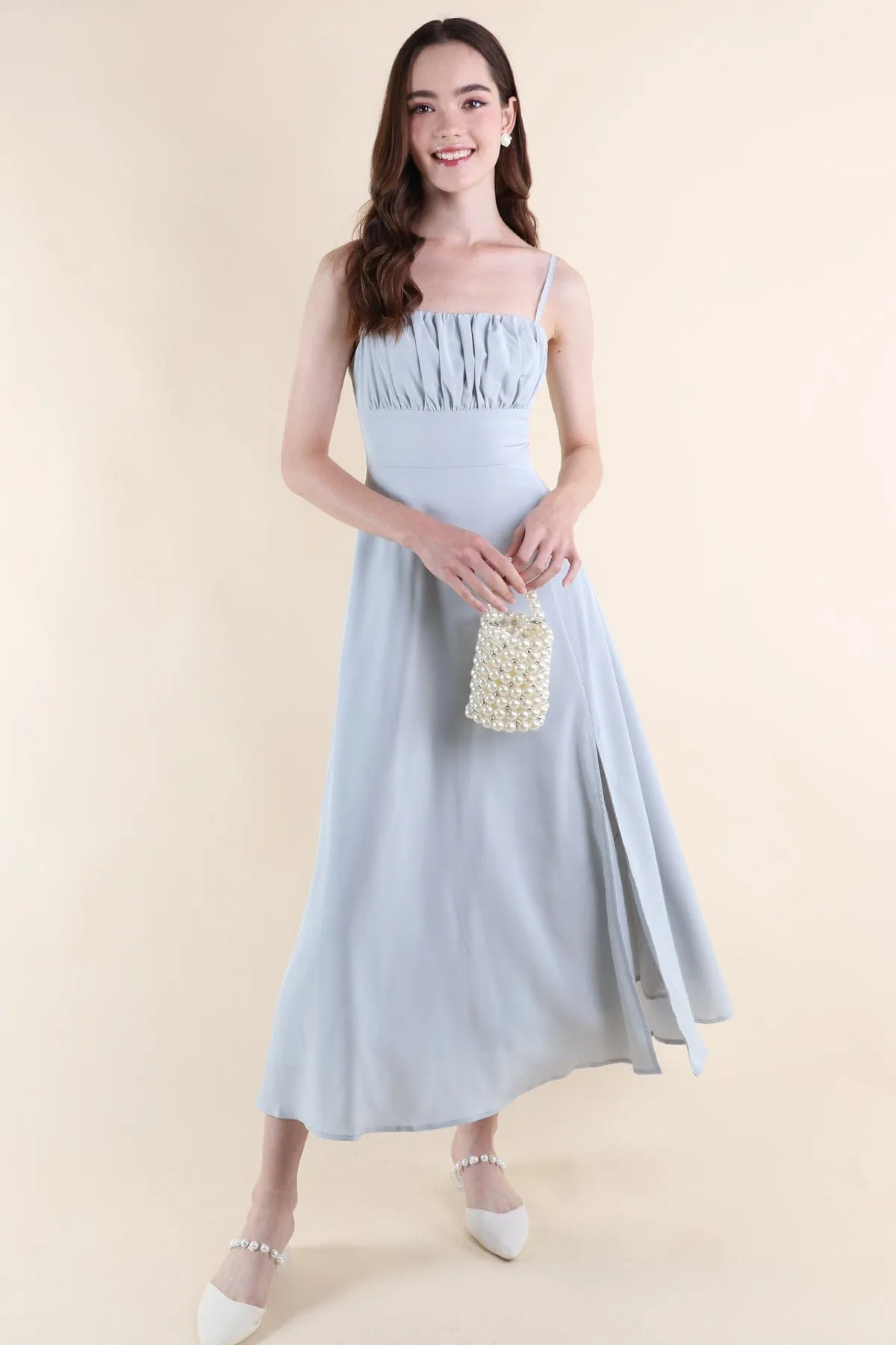 EVELIA RUCHED MAXI DRESS IN BLUE