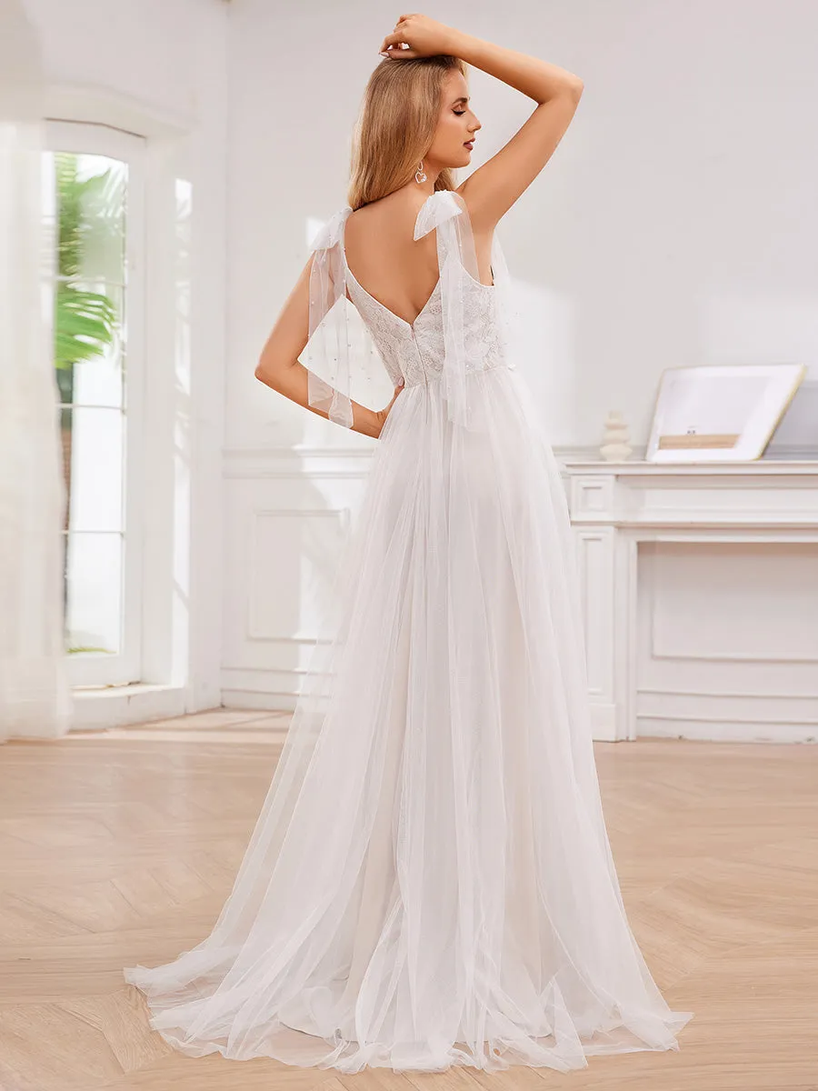 Exquisite Deep V Neck Sleeveless Lace Tulle Empire Waist Wedding Dresses with Bowknot Bandage