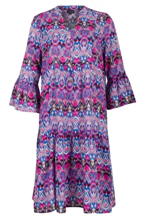 Flutter sleeve Cotton Blend Dress | Pink Blue Aztec | 6544AR