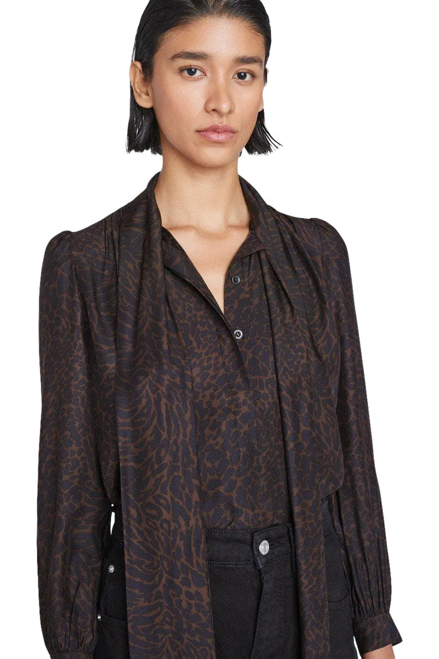 Frame Denim Femme Tie Neck Blouse in Espresso Multi