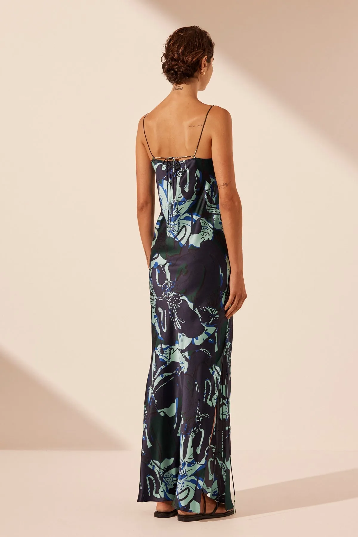 FRANCO SILK PLUNGED SLIP TIE MAXI DRESS