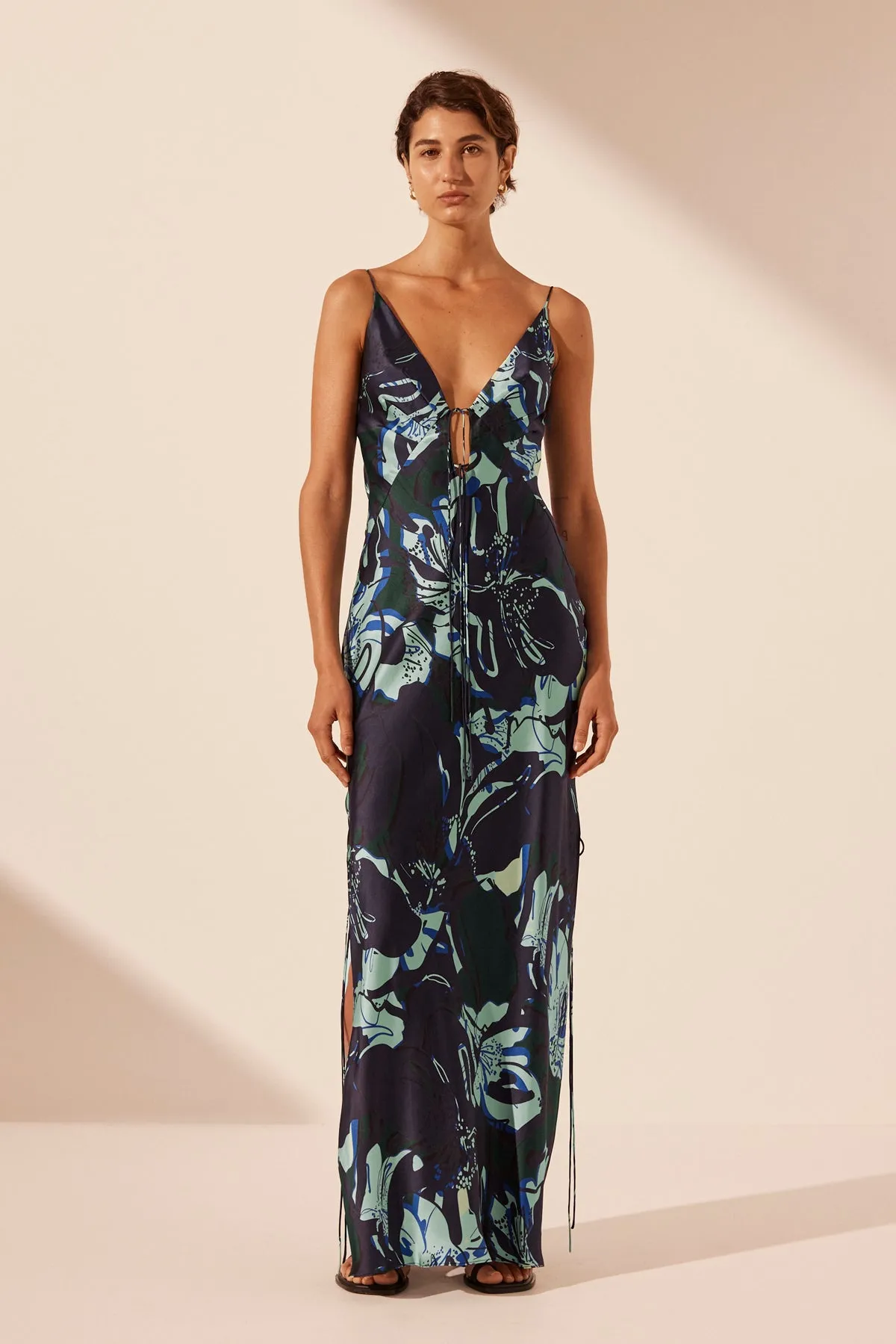 FRANCO SILK PLUNGED SLIP TIE MAXI DRESS